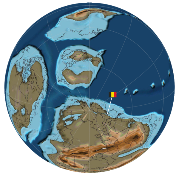 Wereldbol met op de zuidpool een groot continent Gondwana, waar België onderdeel van uitmaakt. We liggen op de noordelijke rand. 